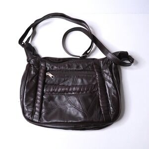 Dark Brown Smooth Leather* Patchwork Bag Purse Zip‎ Pockets Minimalist Boho Chic
